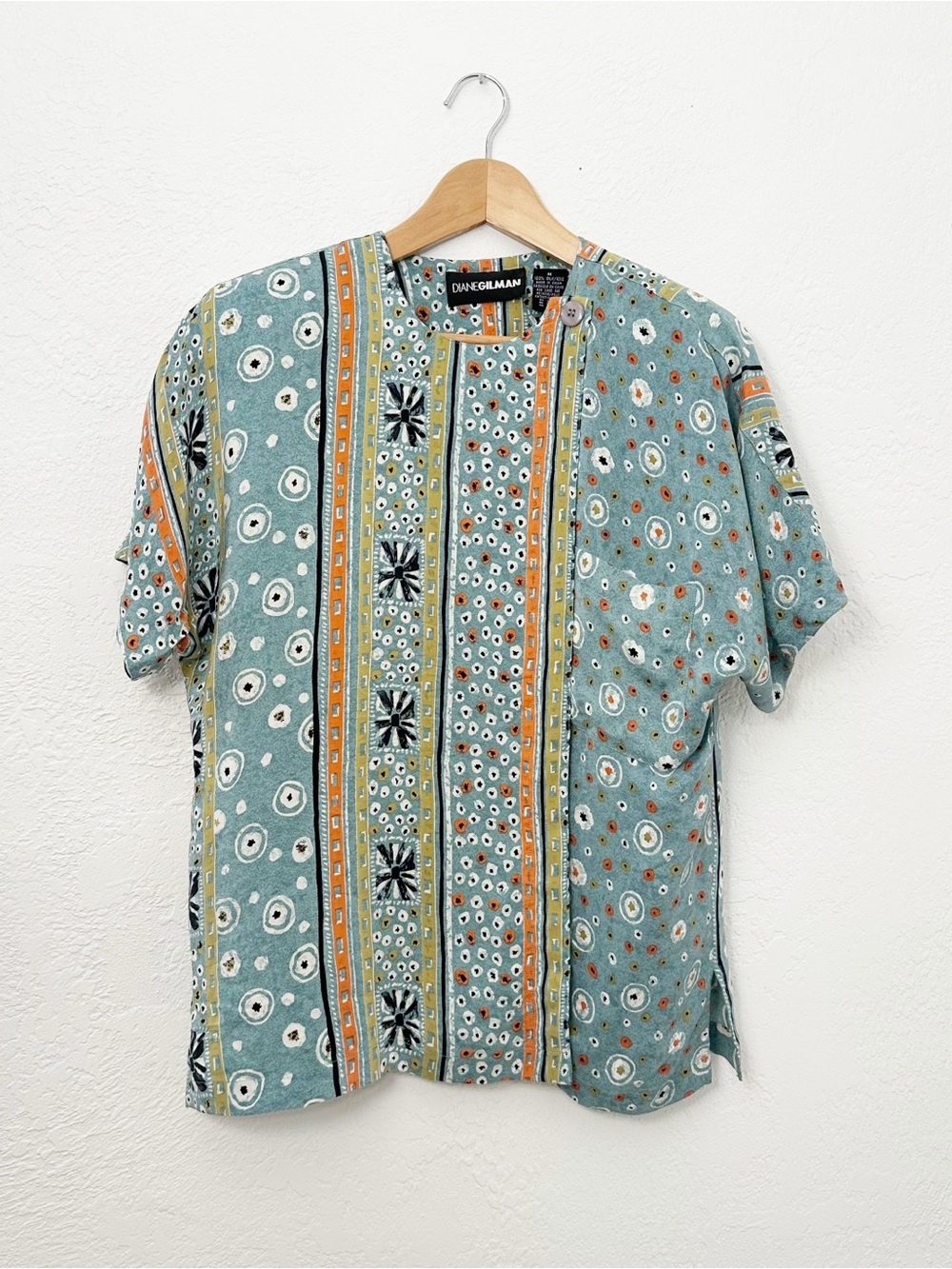 Vintage Diane Gilman Silk Top Blouse Button Front Shirt Multicolor Boho Size M